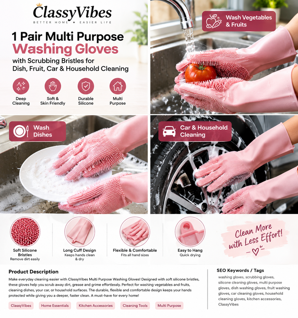 Multi-Purpose Silicone Cleaning Gloves with Scrubbing Bristles – Dish, Fruit, Car & Household Washing Gloves | ClassyVibes