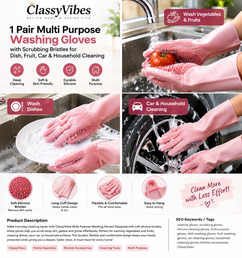 Multi-Purpose Silicone Cleaning Gloves with Scrubbing Bristles – Dish, Fruit, Car & Household Washing Gloves | ClassyVibes