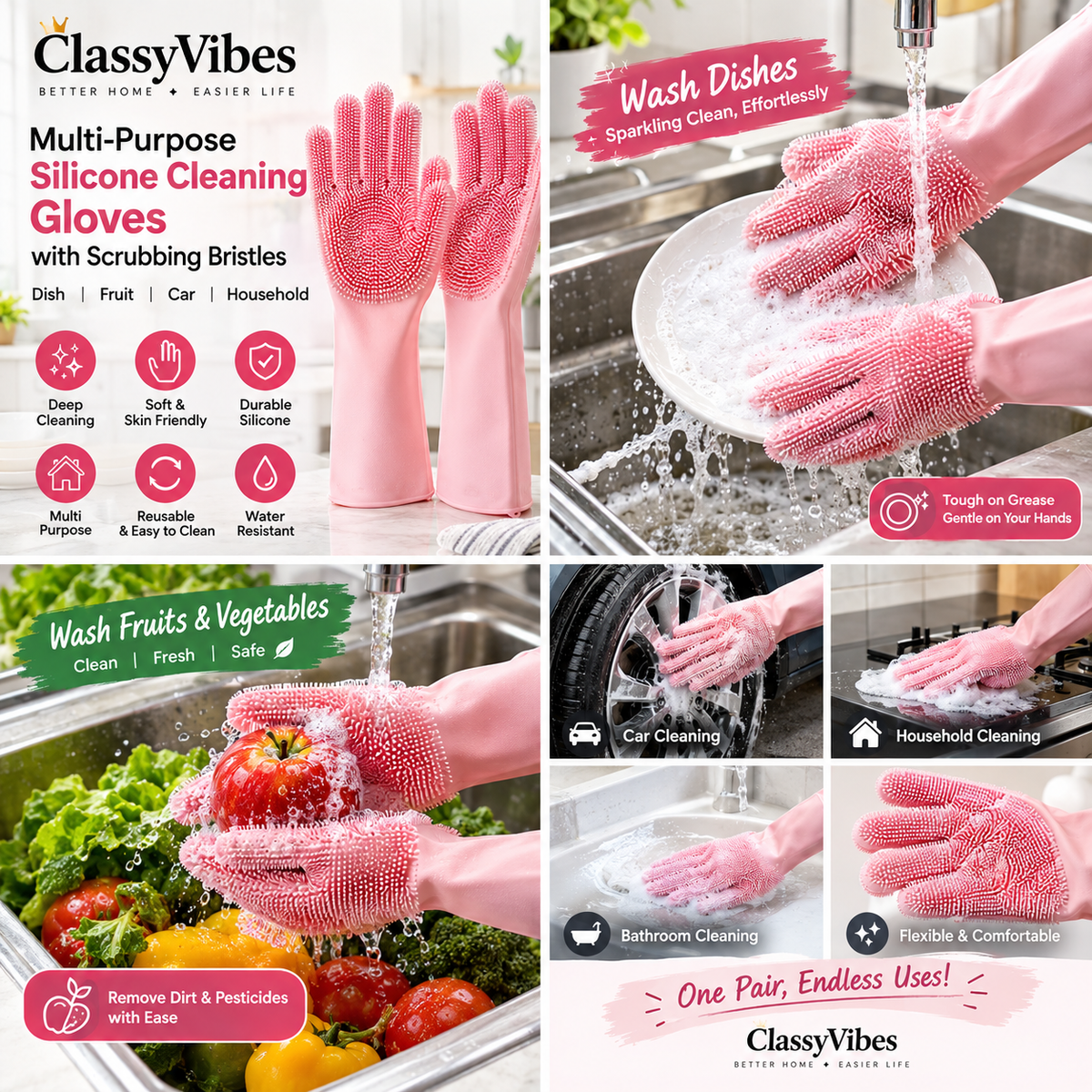 Multi-Purpose Silicone Cleaning Gloves with Scrubbing Bristles – Dish, Fruit, Car & Household Washing Gloves | ClassyVibes